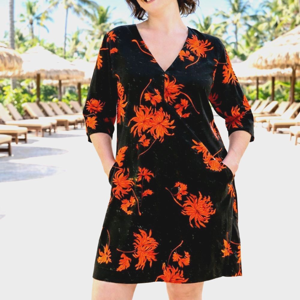 Orange Navy Floral V Neck Mini Shift Dress 12 L Caftan Tunic Pocket Swim Cover